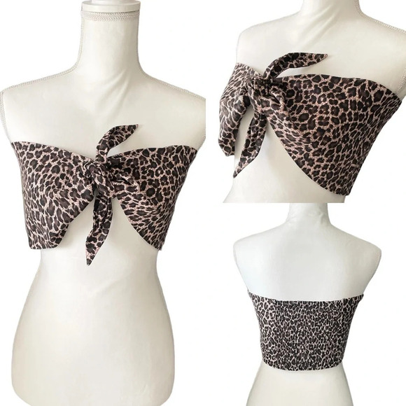 Express Leopard Print Linen Crop Tube Top with Front Tie Women’s Large NWT - Picture 2 of 13